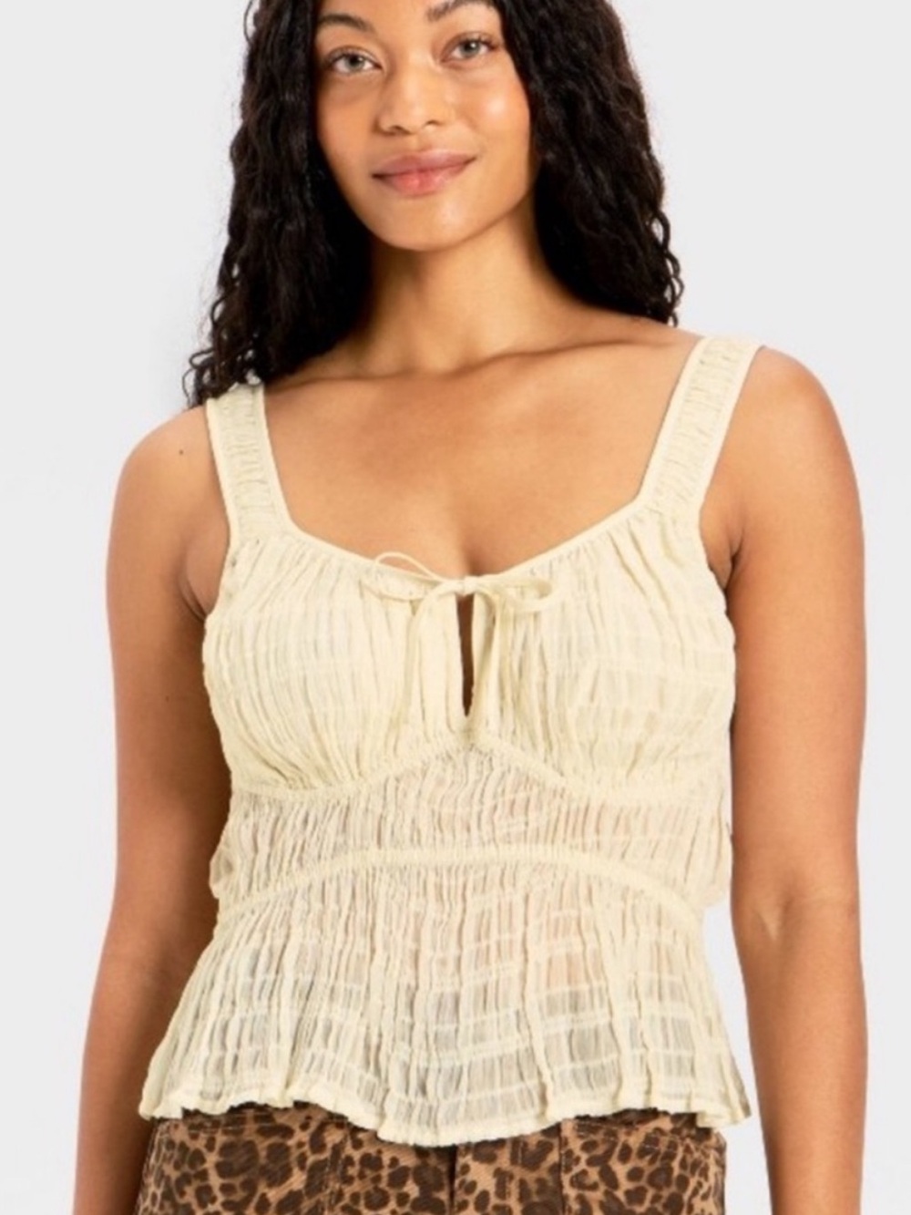 Future collective NWT Cream SHEER Ruched STRETCHY Tie-Front BABY DOLL CROP TOP